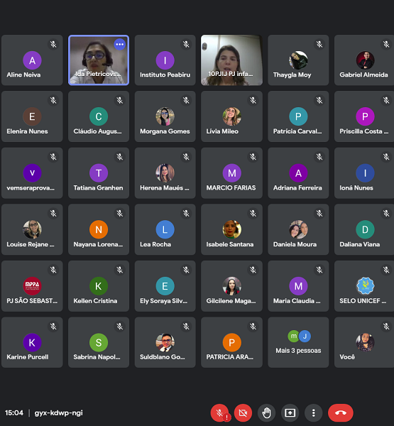 Captura de tela de uma reunião online. Há 36 pequenas áreas quadradas na tela, apenas duas pessoas aparecem fisicamente e nas outras telas pequenas há apenas as iniciais dos participantes. Captura de tela de uma reunião online. Há 36 pequenas áreas quadradas na tela, apenas duas pessoas aparecem fisicamente e nas outras telas pequenas há apenas as iniciais dos participantes.