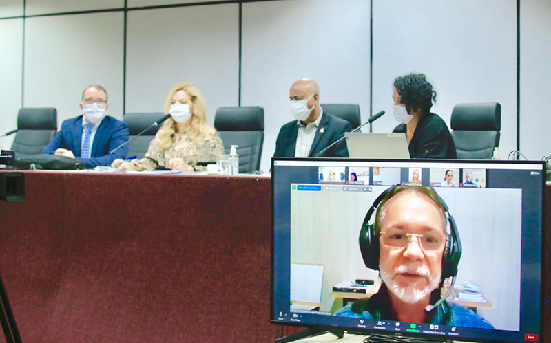 Reunião semipresencial debate ações de assistência habitacional para mulheres que sofreram violência.