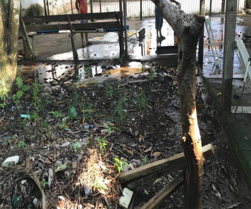 Parte da entrada do pátio da escola: lixo, sujeira e alagamento Parte da entrada do pátio da escola: lixo, sujeira e alagamento